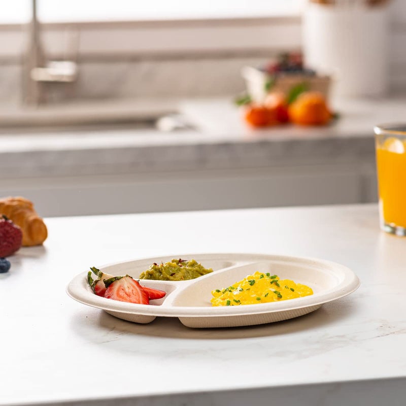 GUSTO [9 Inch - 125 Count Heavy-Duty 100% Compostable Plates, 3 Compartment Eco-Friendly, Kraft Disposable Sugarcane Paper Plates - Brown Unbleached (Formerly Comfy Package) - Image 3